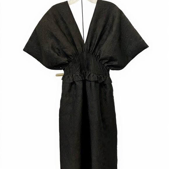 Sea New York Black Smocked Midi Dress Size 10 Designer V-Neck Short Sleeve woman - Picture 6 of 6